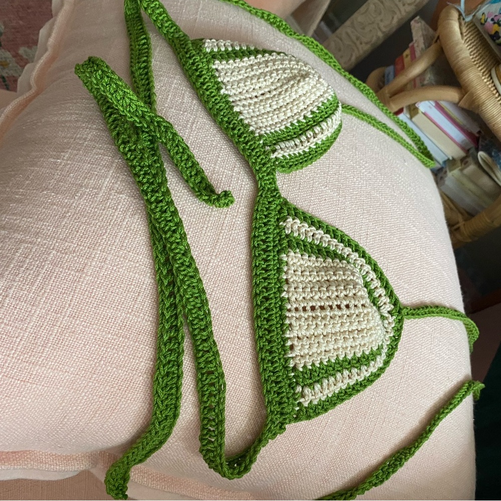 Green and Cream Crochet Triangle Bikini Top - Women’s Swim